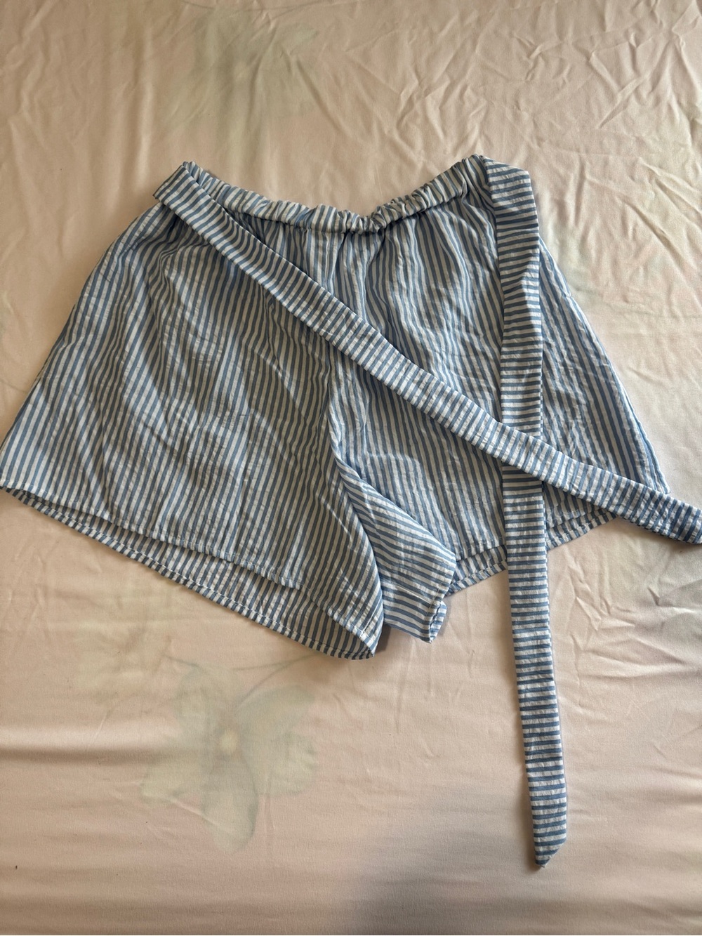 Light Blue Striped Women’s Tie-Waist Shorts - Picture 1 of 9
